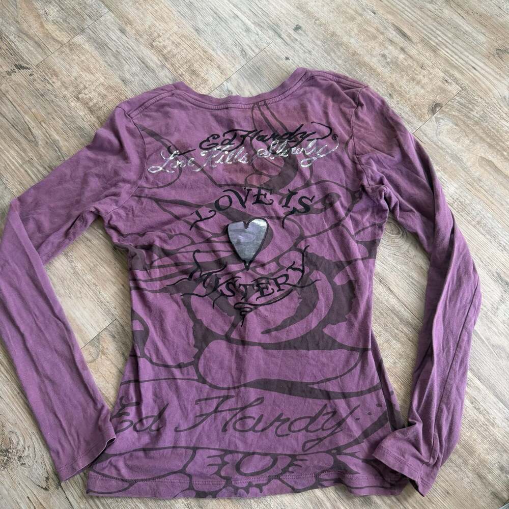 Ed Hardy Love Kills Slowly Long Sleeve V-Neck Shirt Size S - Picture 7 of 8